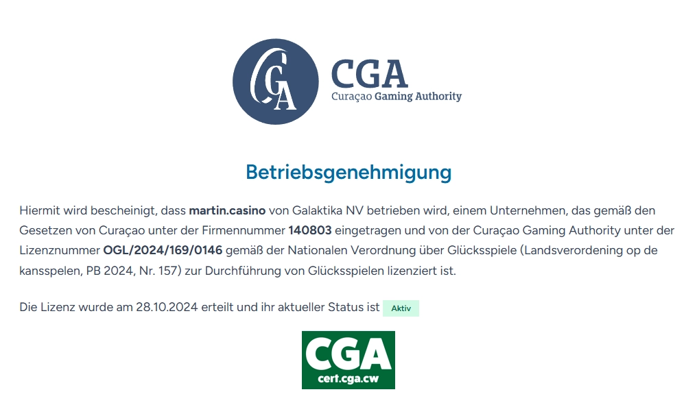 Martin Casino Lizenz der Curaçao Gaming Authority für GALAKTIKA N.V.